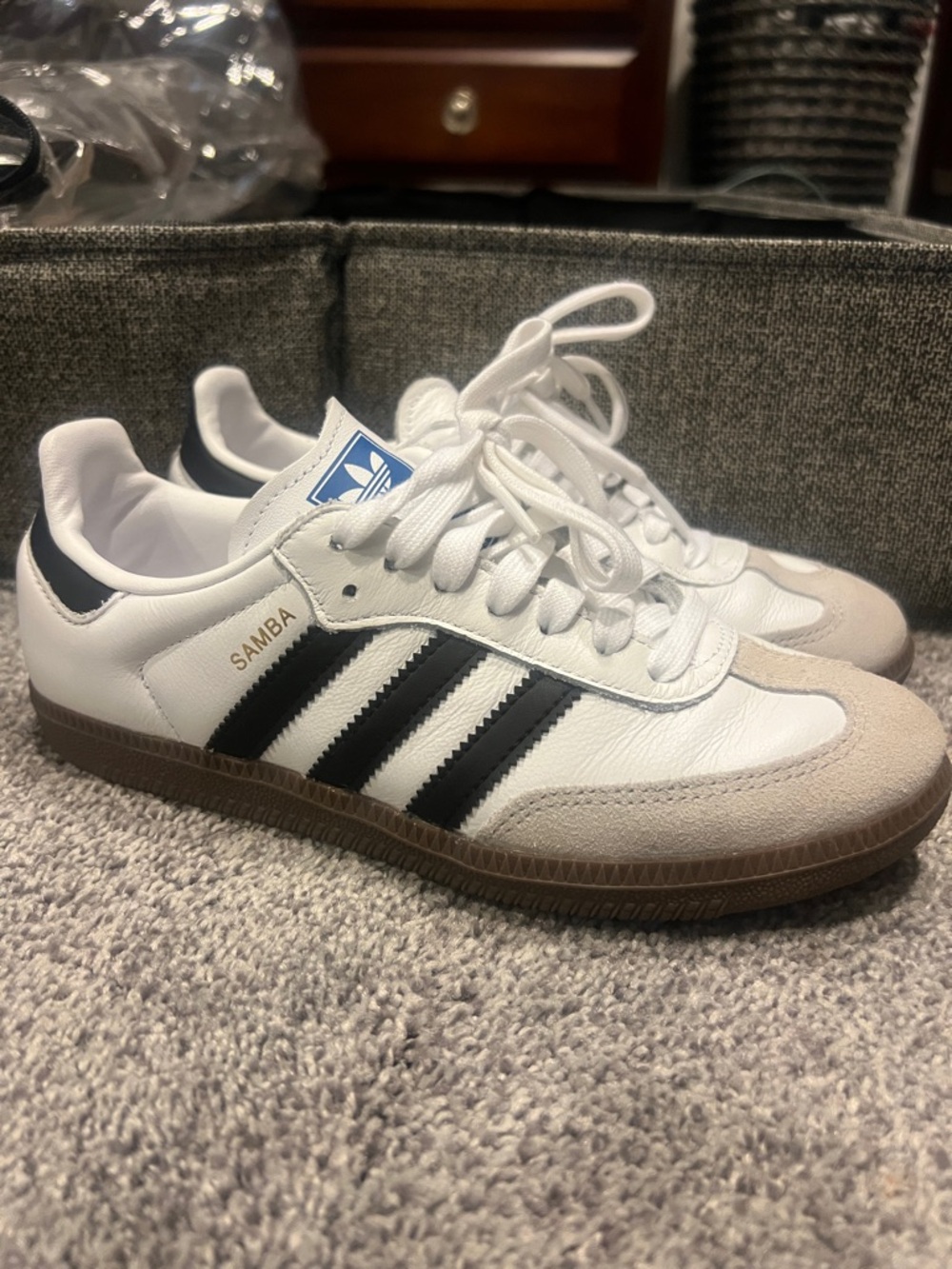 adidas White Black Gum Samba Leather Sneakers, worn once